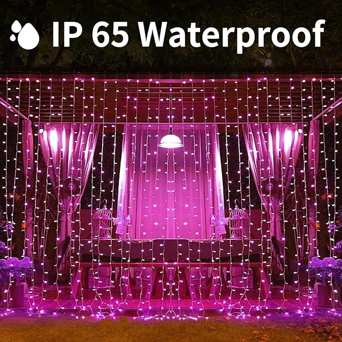 300LED Solar Curtain Lights - Outdoor Indoor Waterproof Fairy String Lights Twinkle 8 Modes Christmas Decoration for Home Garden Patio Wedding Party (Pink)