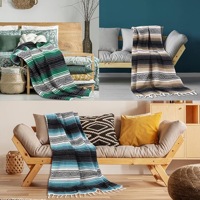 Peryiter 9 Pcs Mexican Blanket Bulk Large Yoga Blanket Striped Falsa with Fringed for Outdoor Beach Picnic Couch 45 x 70 inch (Green Colors)