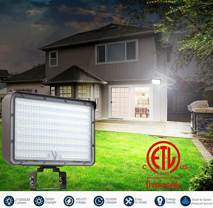 Dusk to Dawn Outdoor 150W LED Flood Light 21000LM 1000W Equivalent 100-277V 5000K Daylight ETL Commercial LED Flood Light Fixture Outdoor Security Lighting for LandscapeParking Lot