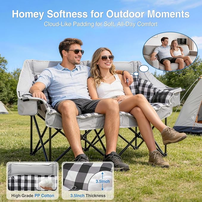 Suteck Double Camping Chair Oversized Padded Camping Couch w/Independent Seats 1200D Oxford Folding Camping Loveseat w/2 Cup &amp Wine Glass Holders Cooler Bags &amp Side Pocket for Camping Lawn
