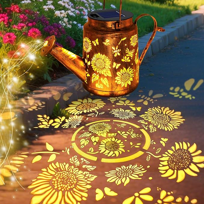 VOOKRY 2 Pack Sunflower Metal Solar Watering Can Lights Solar Lights Outdoor Waterproof Birthday Gifts for Women Mom Grandma Hanging Lanterns Decorative Garden Decor for Outside Yard Patio Lawn