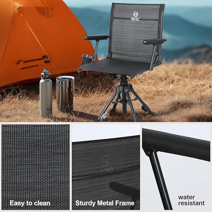 Nice C Swivel Hunting Chair 360 Degree Rotating Silent Hunting Blind Chair Turkey Chairs Strutter Chairs with Adjustable Height Armrest No-Sink Feet Shoulder Strap Cup Holder