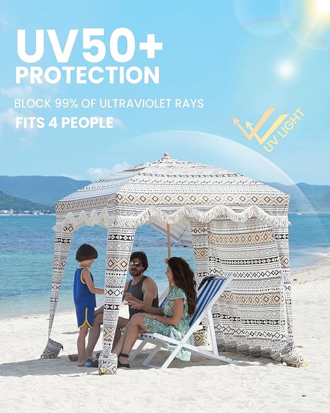 OutdoorMaster Beach Cabana with Fringes Portable 6' x 6' Beach Canopy for Sand Easy Set Up Beach Shelter Included Side Wall UPF 50+ UV Protection Sun Umbrella - for Family &amp Friends