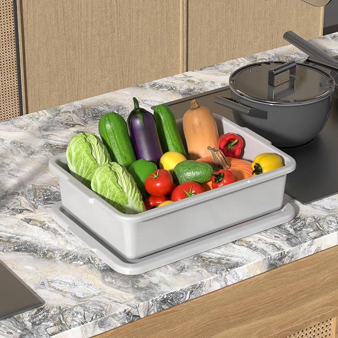 15 L Plastic Commercial Bus Box with Lid 12-Pack Restaurant Dish Tub Gray