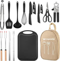 Camping Essentials Cookware Cooking Utensils Set - Portable Camp Kitchen Mess Kit Outdoor Accessories Stainless Steel &amp Silicone Camping Gear Equipment for RV Picnic Grill Khaki