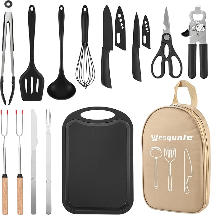 Camping Essentials Cookware Cooking Utensils Set - Portable Camp Kitchen Mess Kit Outdoor Accessories Stainless Steel &amp Silicone Camping Gear Equipment for RV Picnic Grill Khaki