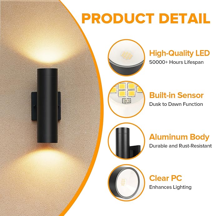 LUTEC Dusk to Dawn Outdoor Wall Lights 16W Integrated LED Cylinder Up-Down Sconce 3000K Waterproof Aluminum Exterior Lighting Matte Black Modern Porch and Entryway Wall Light Fixture 2 Pack