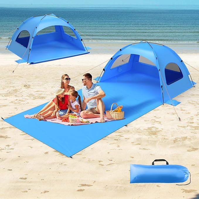 Beach Tent Sun Shelter with Extended Sand Mat 114×82inchUPF 50+ Protection 3 Double-Layer Windows for Enhanced Privacy Portable Beach Shade 3-4 People. Windproof and Waterproof