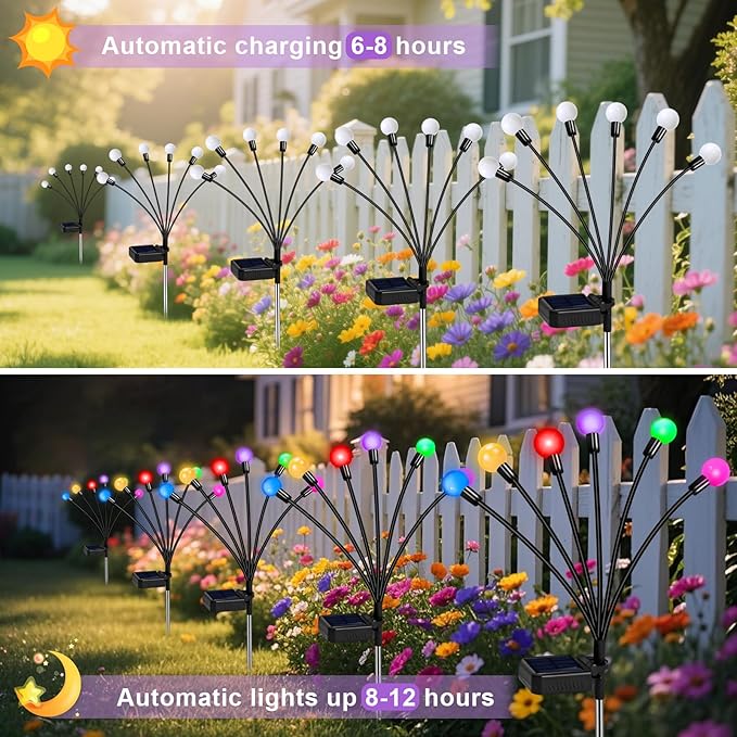 Solar Garden Lights Outdoor Decor 24 LEDs Solar Firefly Light Multicolor Changing RGB Swaying Lights Outdoor Waterproof 4 Pack 6 Heads Christmas Garden Decorative for Yard Patio Pathway Lawn Decor