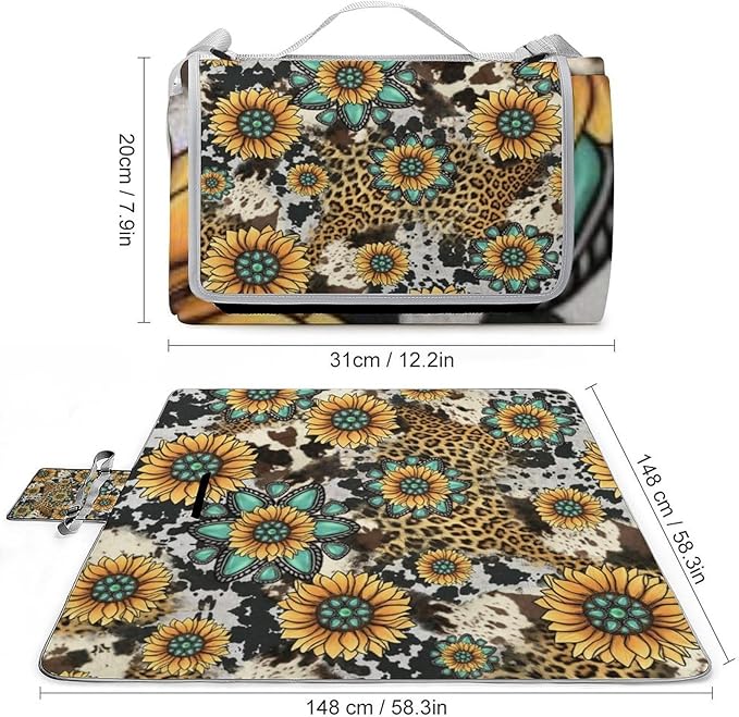 Sunflower Turquoise Cow Print Photographic Print Waterproof Outdoor Picnic Blanket Sandproof Beach Mat for Camping Hiking Grass Travelling