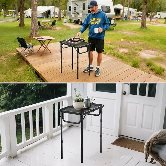 VINTEAM Camping Folding Grill Table | 3 Adjustable Heights | Lightweight Portable Aluminum Table for BBQs Picnic and Outdoor Use | Mesh Desktop 66lbs Weight Capacity