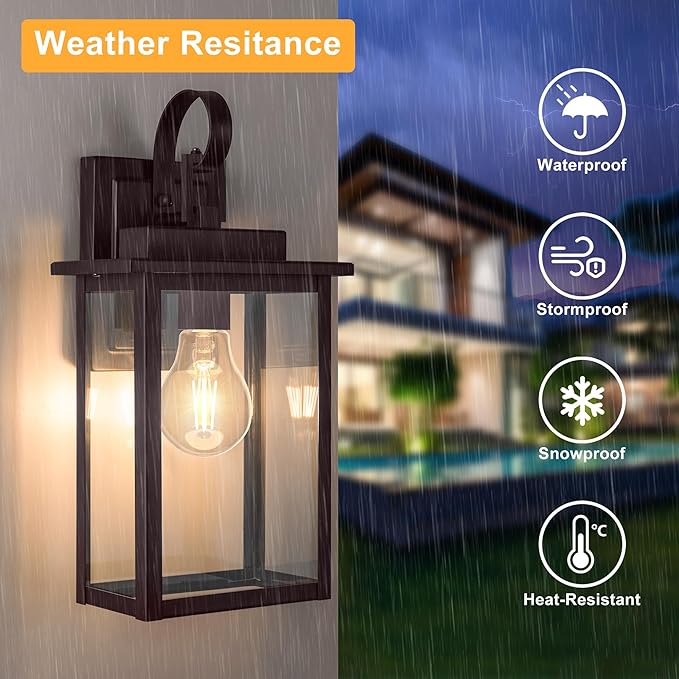 𝟭𝟱𝗜𝗡 Dusk to Dawn Outdoor Wall Light Fixture (Bulb Include) Exterior Waterproof Sconces Outdoor Porch Wall Mounted Lighting Modern Black Wall Lamp for House Doorway Garage (Brown)