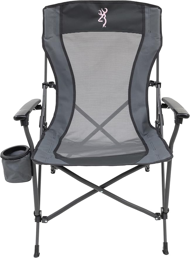Browning Folding Camping Chairs for Adults - Durable Mesh Fabric Over Sturdy Powder Coated Steel Frame Armrests Cup Holder and Shoulder Carry Bag