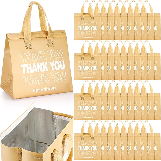 Aliceset 80 Pcs Thank You Insulated Bags for Food Delivery Bulk 9.5 x 9.5 x 6 Inch Thermal Insulation Bag for Cold and Hot Food for Travel Pizza Coffee Milk Catering Restaurant Picnic (Kraft)