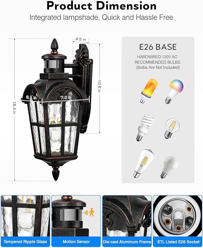 VIANIS Outdoor Motion Sensor Light Oil Rubbed Bronze Porch Lights Outside Lantern 16.4 H Dusk to Dawn Outdoor Lighting 100% Aluminum Exterior Lighting Fixtures for House Garden Patio