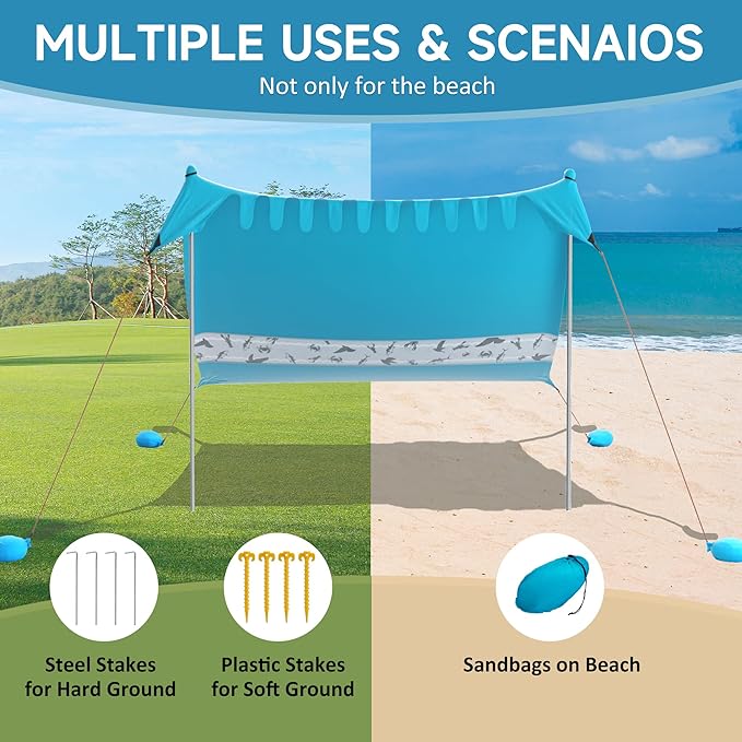 VILLEY Beach Tent Sun Shelter with UPF50+ Protection for 5 Person 8x7FT Portable Sun Shade with 2 Stability Poles and 4 Sandbags Outdoor Beach Canopy for Camping Picnics Fishing Outdoors(Blue)