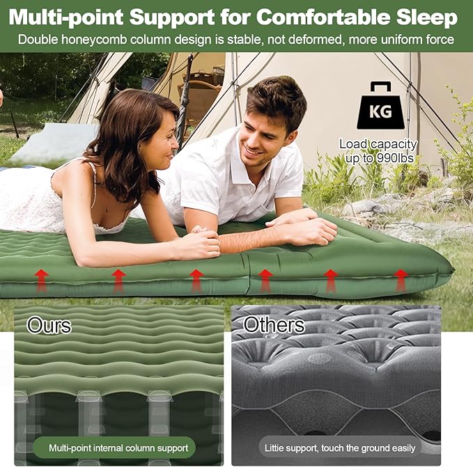 CAMULAND Double Camping Sleeping Pad 4.7 Ultra-Thick Self Inflating 2 Person Inflatable Mat with Built-in Pillow Foot Pump Waterproof for Backpacking Hiking Tent RV TravelOlive Green
