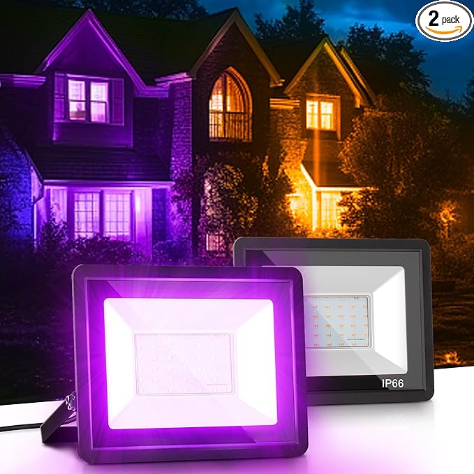 L LOHAS LED Purple Christmas Halloween Flood Light Outdoor 𝑨𝒖𝒕𝒐 𝑶𝑵/𝑶𝑭𝑭 50W Plug in Flood Light IP66 Waterproof 2300lm Outdoor Lights for Yard Garage Party UL Listed