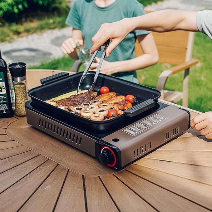 ONLYFIRE OUTDOOR LIVING Portable Propane Gas Stove with Grill Pan and Lid Butane Camping Stove Instant Ignition for Patio Backyard Home Cooking Camping RV Tailgating Emergency Use GS349