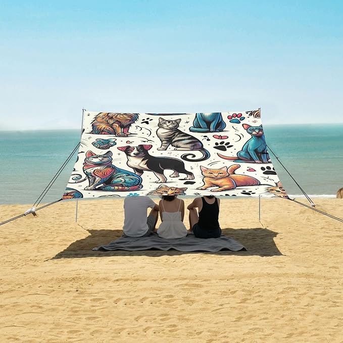 Cat Breed Kitten Graffiti Dog Paw Camping Sun Shelter Beach Tent Portable Beach Sun Shade Outdoor Canopy for Camping Trips Fishing Picnic