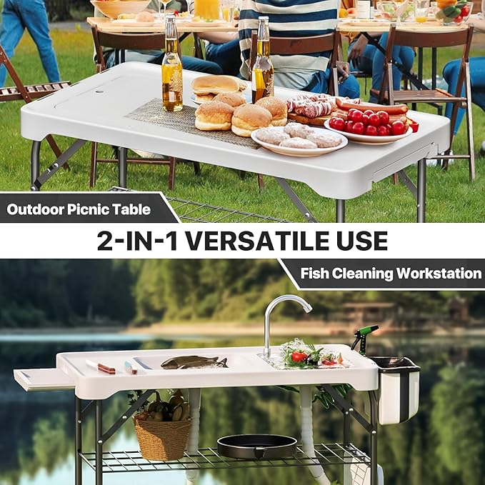 MoNiBloom Folding Fish Cleaning Table with Double Sink Portable Camping Outdoor Heavy-Duty Fillet Station with Faucet Drainage Hose Sprayer and Knife for Picnic Fishing Garden Patio Beach White