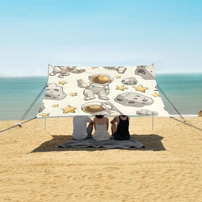 Cartoon Astronauts Cartoon Stars Camping Sun Shelter Beach Tent Portable Beach Sun Shade Outdoor Canopy for Camping Trips Fishing Picnic