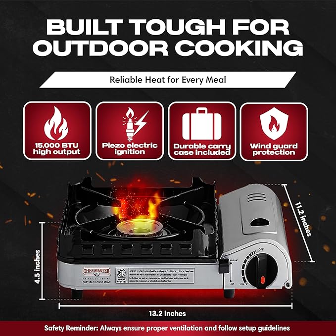 Chef Master 15000 BTU Butane Portable Camp Stove | Double Wind-Guard Portable Stove Burner w/Piezo Click Ignition for Emergencies Tailgating Hiking Backpacking &amp Camping Essentials - 90019