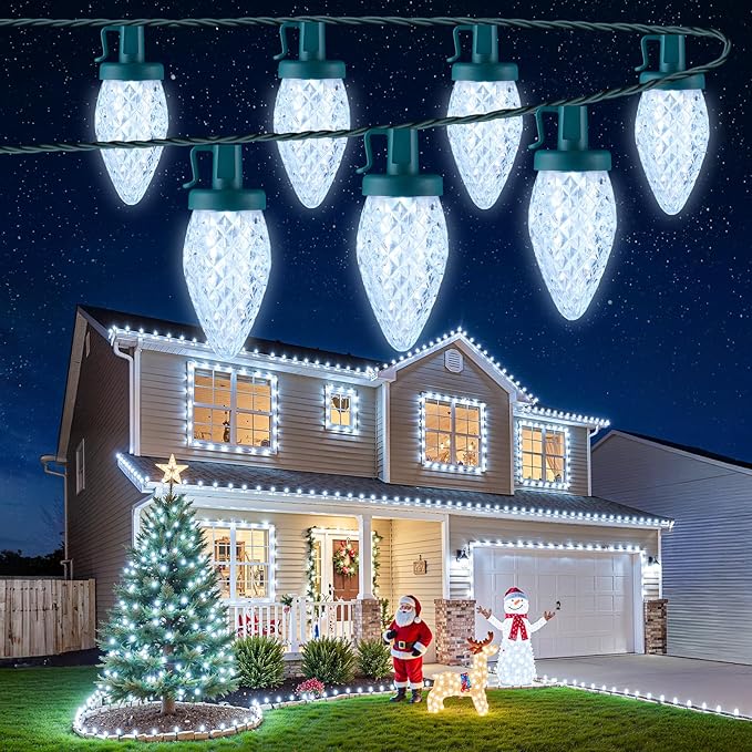 Brightown C9 Christmas String Lights White 66ft 100 LED Faceted Christmas Lights on Green Wire Large Bulb Strawberry String Lights for House Roof Roofline Christmas Tree Party Outdoor