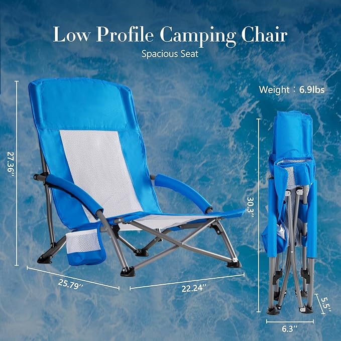 DUMOS Low Beach Chair for Adults Lightweight Folding Beach Chair with Cup Holder Storage Bag Breeze Mesh Back Padded Armrests Compact Low Profile Chair for Camp Picnic Lawn Sand