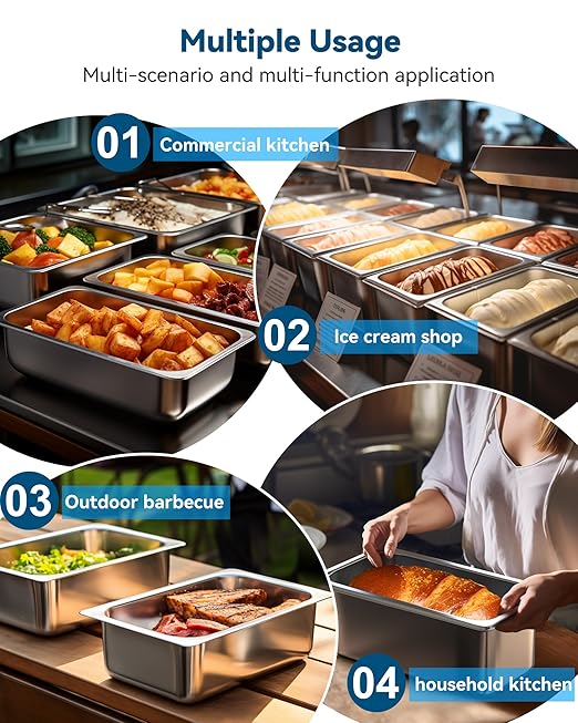 8 Pack Hotel Pans with Lids 1/3 Size 6 Deep Stainless Steel Steam Table Pan 22 Gauge Anti Jam Commercial Food Pans for Hotel Party Buffet Catering Supplies