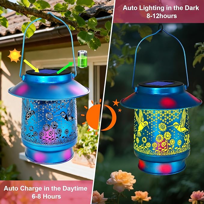 Hummingbird Solar Lanterns Outdoor Waterproof Brim Garden Decor Birthday Gifts for Women Mom GrandmaBlue Spray Paint Metal Hanging Solar Lights Outside Decorative for Yard Patio Backyard