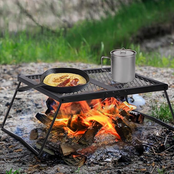 REDCAMP Folding Campfire Grill Heavy Duty Steel Grate Portable Camp Fire Cooking Rack Over Fire Pit with Carrying Bag for Outdoor BBQ Camping