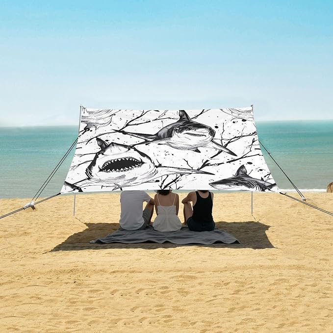 Shark Pattern Beach Tent Sun Shelter 9.2' x 10.5' Beach Canopy with 4 Sandbags 4 Stability Poles Sand Shovels - Tent Canopy for Beach Camping Fishing Picnics