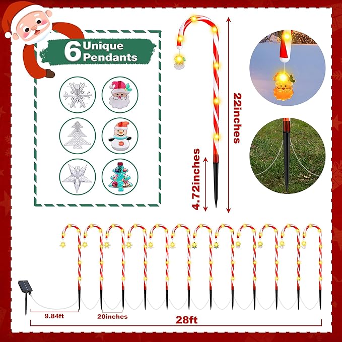 Solar Candy Cane Lights – 12-Piece Set 22 Inch Outdoor Christmas Pathway Lights 8 Lighting Modes with Memory Function Solar-Powered Holiday Decorations for Garden Yard Walkway Party Driveway