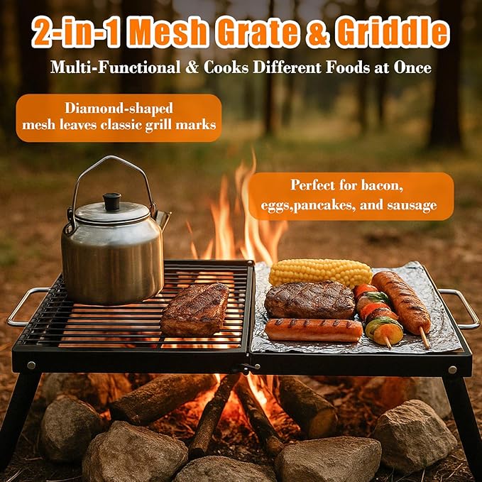 Folding Campfire GrillEnameled Coating Grate Heavy Duty Camp Grill Grate Portable Camping Grates Over Fire Pit Campfire Grill Cooking Equipment with Carrying Bag for Outdoor Cooking