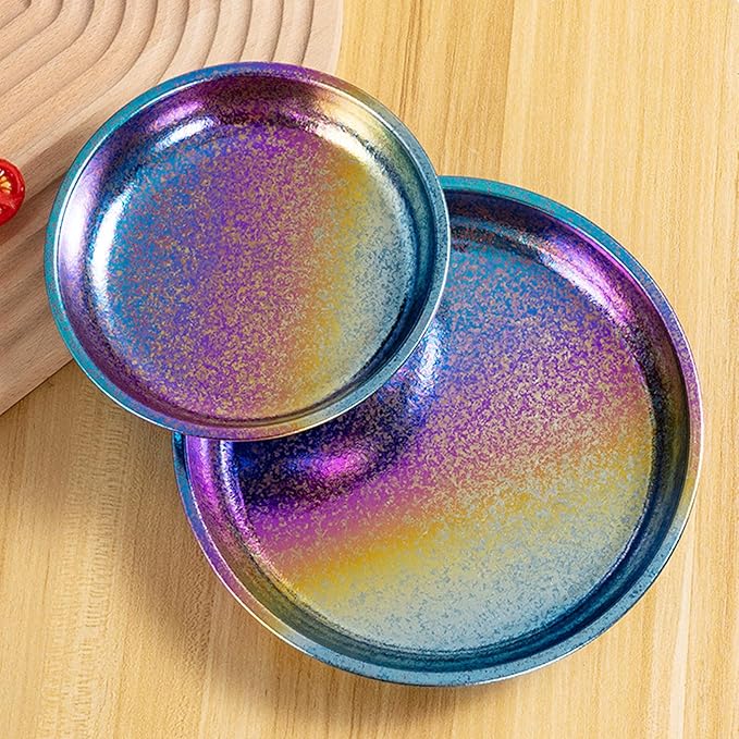 Titanium Camping Plates Lightweight Colorful Round Metal Dishes Durable Outdoor Utensils Rust-Proof Reusable Dinnerware Ideal for Hiking Picnic Camping Backpacking Home RT077T (L)