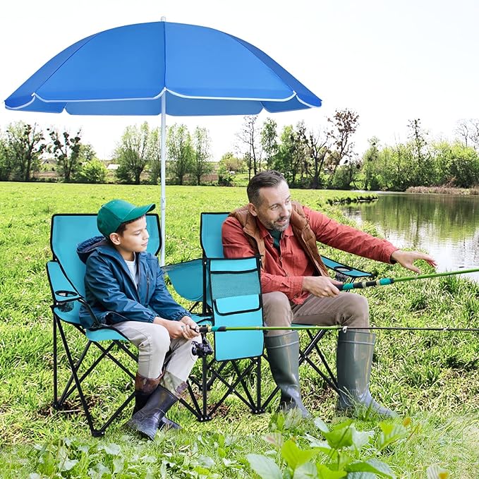COSTWAY Double Portable Picnic Chairs Folding Camping Chairs w/Detachable Umbrella Cooler Bag Cup Holders Patio Beach Camping Chairs for Outdoors