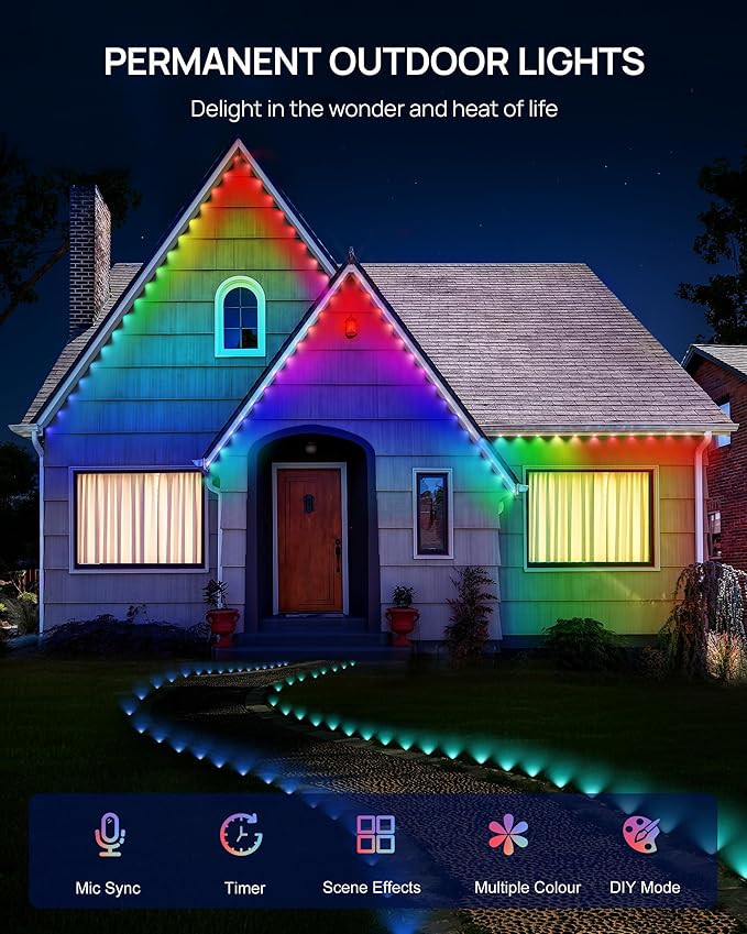 VCOKEN Permanent Outdoor Lights 111FT with Smart 72 RGB LED Light for House &amp Outdoor Decor DIY Scene Mode IP65 Waterproof Eaves Lighting with App Control Remote for Christmas and Holiday Decor