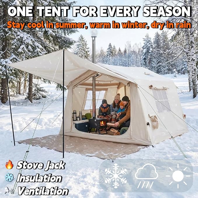 Inflatable Tent with Canopy for Camping 4/6/8 Person Large Family Air Tent 5 Min Easy Setup with Pump 4 Season Waterproof Oxford Camping Tent with Stove Jack &amp AC Port 8x10 FT Beige
