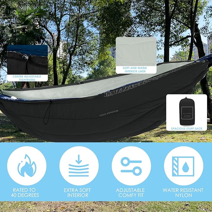 Gold Armour Hammock Underquilt for Single Hammocks and Double Hammocks Insulated Warm Underquilt - Essential Camping Equipment Gear Under Quilts for Hammock (Black&ampGrey)
