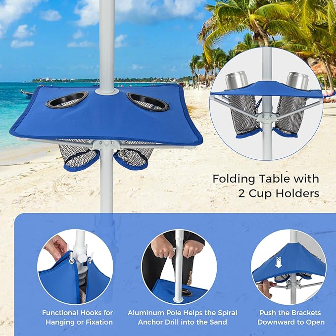 HAPPYGRILL Beach Canopy with Folding Table Outdoor Cabana with Detachable Sidewall Carrying Bag UPF 50+ Protection Sandbags Portable Outdoor Sun Shelter Tent for Beach Backyard