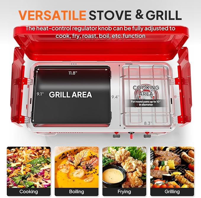 ROVSUN 2-in-1 Portable Camping Stove &amp Propane Grill with Enamel Griddle &amp Piezo Igniter Tabletop Camp Stove with Built-in Handle Wind Panel &amp Regulator for Camping Tailgating Grilling