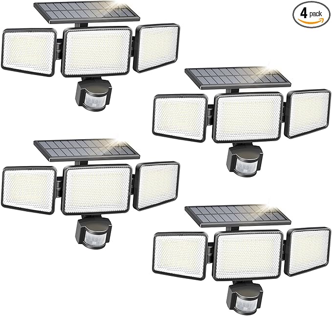 Philips Solar Security Light Outdoor 302 LED 1200lmSolar-Powered Waterproof Wall-Mounted Flood Light w/PIR Motion Sensor 3 Heads IP65 Waterproof 3 Modes (4 Packs)