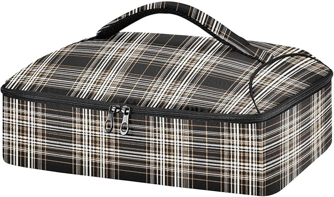 Casserole Carrier Black Wnite and Brown Tartan Pattern Insulated Casserole Carrier for Hot or Cold Food Thermal Lunch Tote for Parties Picnic Travel Carry Bag