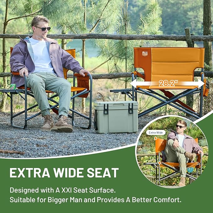 TIMBER RIDGE XXL Director’s Chair – Heavy Duty Folding Chair with Side Table 500 lb Capacity Extra Wide Padded Seat for Camping Sports Beach Patio and Outdoor Use Orange-2 Pack