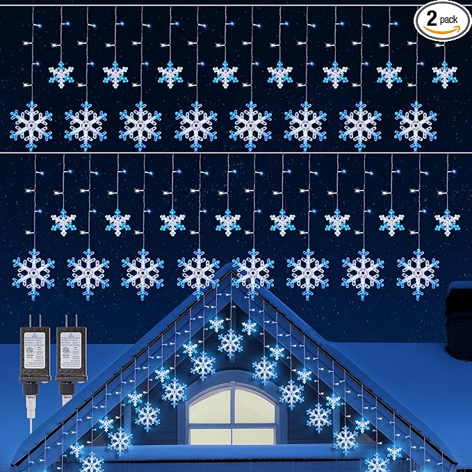 Minetom Christmas Snowflake Lights - 2 Pack 13 ft 192 LED Icicle Lights with 16 Drops 12 Modes and Timer IP65 Waterproof Connectable Christmas Light for House Eave Window Indoor Outdoor Decoration