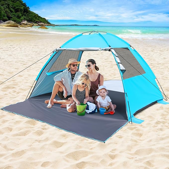 DLUCKY Beach Tent for 1/2/3/4/5/6 PersonAnti-UV Portable Sun Shade ShelterUPF 50+Both Sides Extendable FloorExtendable Awningwith 2 Ventilating Mesh WindowsLightweight &amp Easy Setup.