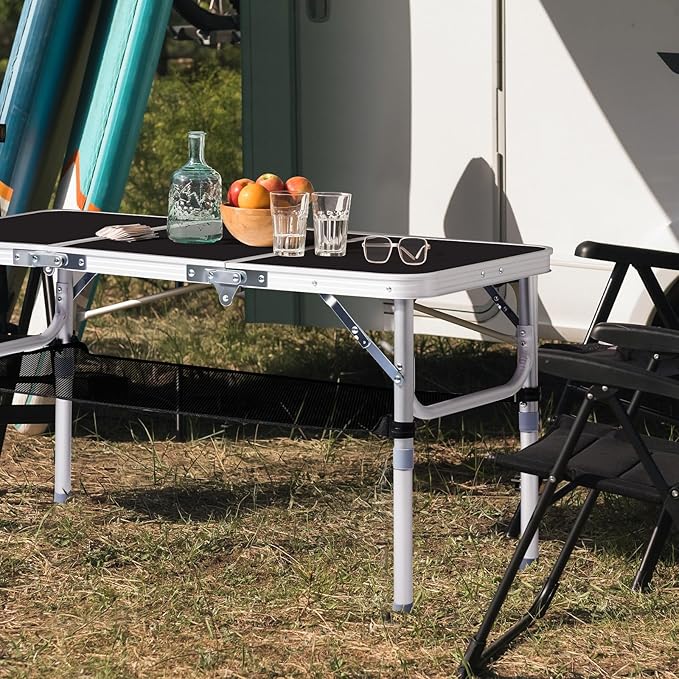 VINGLI Small Folding Table Portable 3FT Aluminum Foldable Camping Table for Picnic Card Table with 3 Adjustable Height &amp Carry Handle for Outdoor Indoor Hiking Camp BBQ Beach-Black