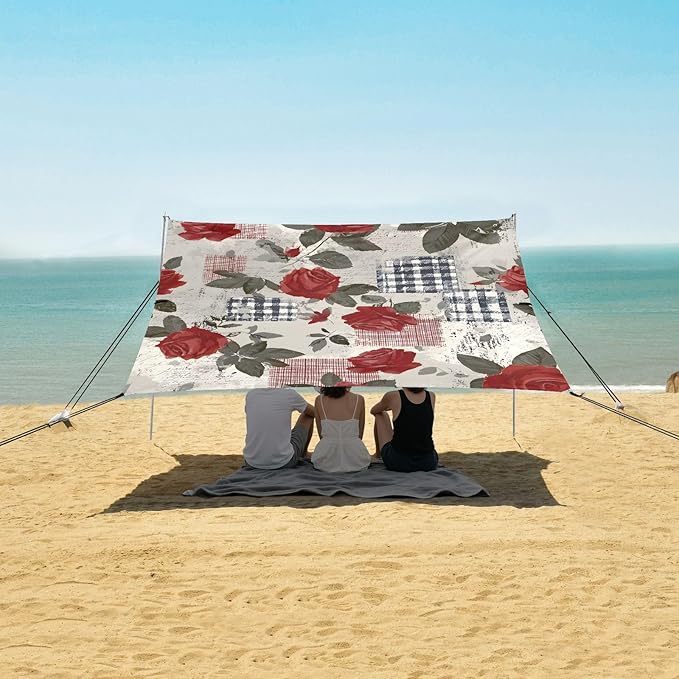 ALAZA Retro Rose Flower Beach Tent Sun Shelter UPF50+ Protection Beach Shade Canopy w/ 4 Sandbags for Outdoor Camping Fishing Backyard Fun Picnic 10x9 ft