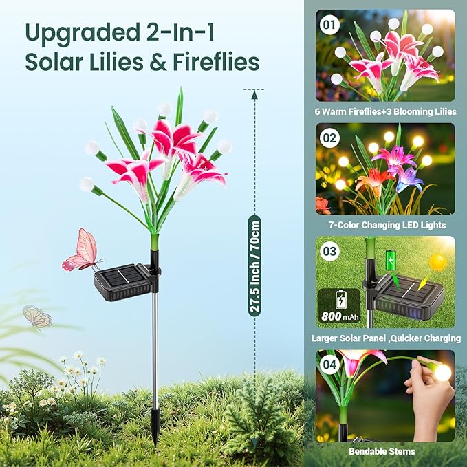 WdtPro Upgraded Solar Garden Lights Outdoor: 4 Pack Solar Firefly Swaying Light with Colorful LED Lily Flower Waterproof Garden Decor for Yard Patio Pathway Lawn Gifts for Women (2 Rosy+2 Purple)
